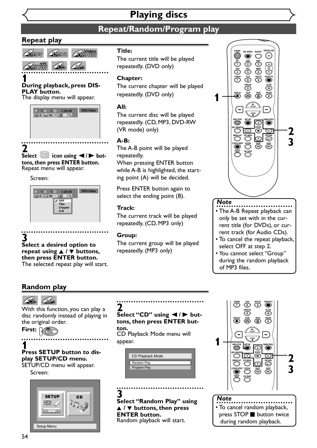 Emerson EWR20V4 owner manual Repeat/Random/Program play, Repeat play, Random play 