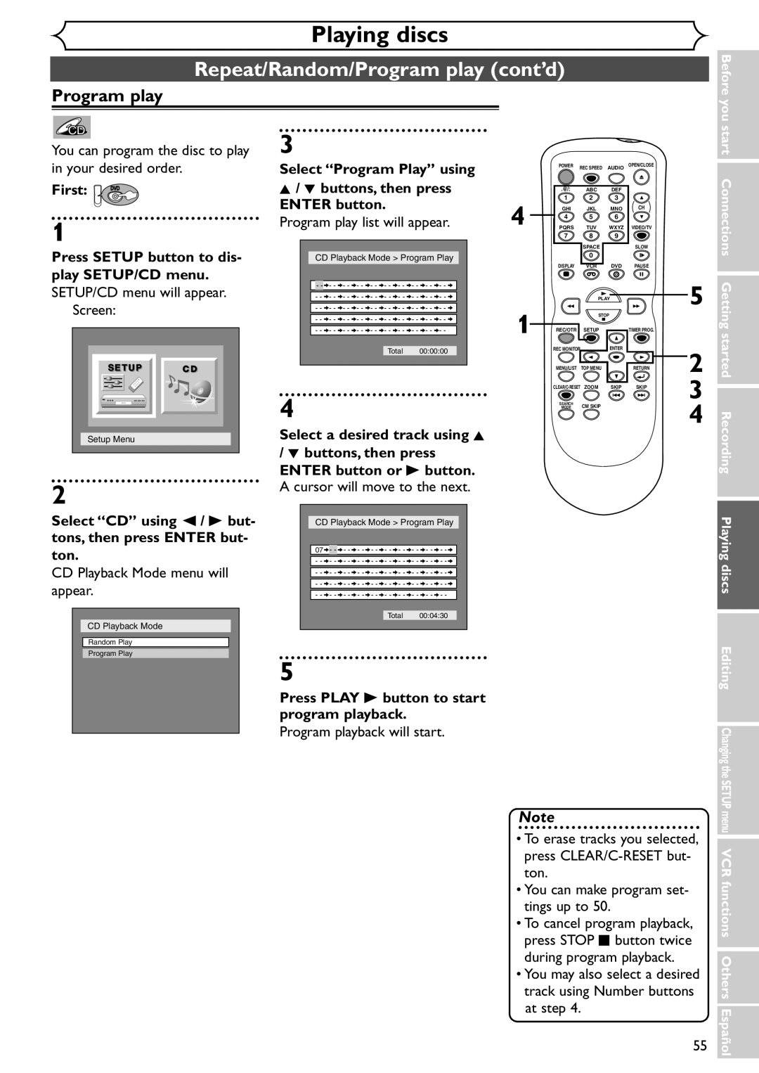 Emerson EWR20V4 owner manual Repeat/Random/Program play cont’d, Select Program Play using Buttons, then press Enter button 