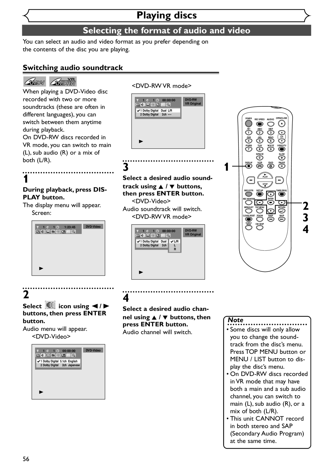 Emerson EWR20V4 owner manual Selecting the format of audio and video, Switching audio soundtrack 