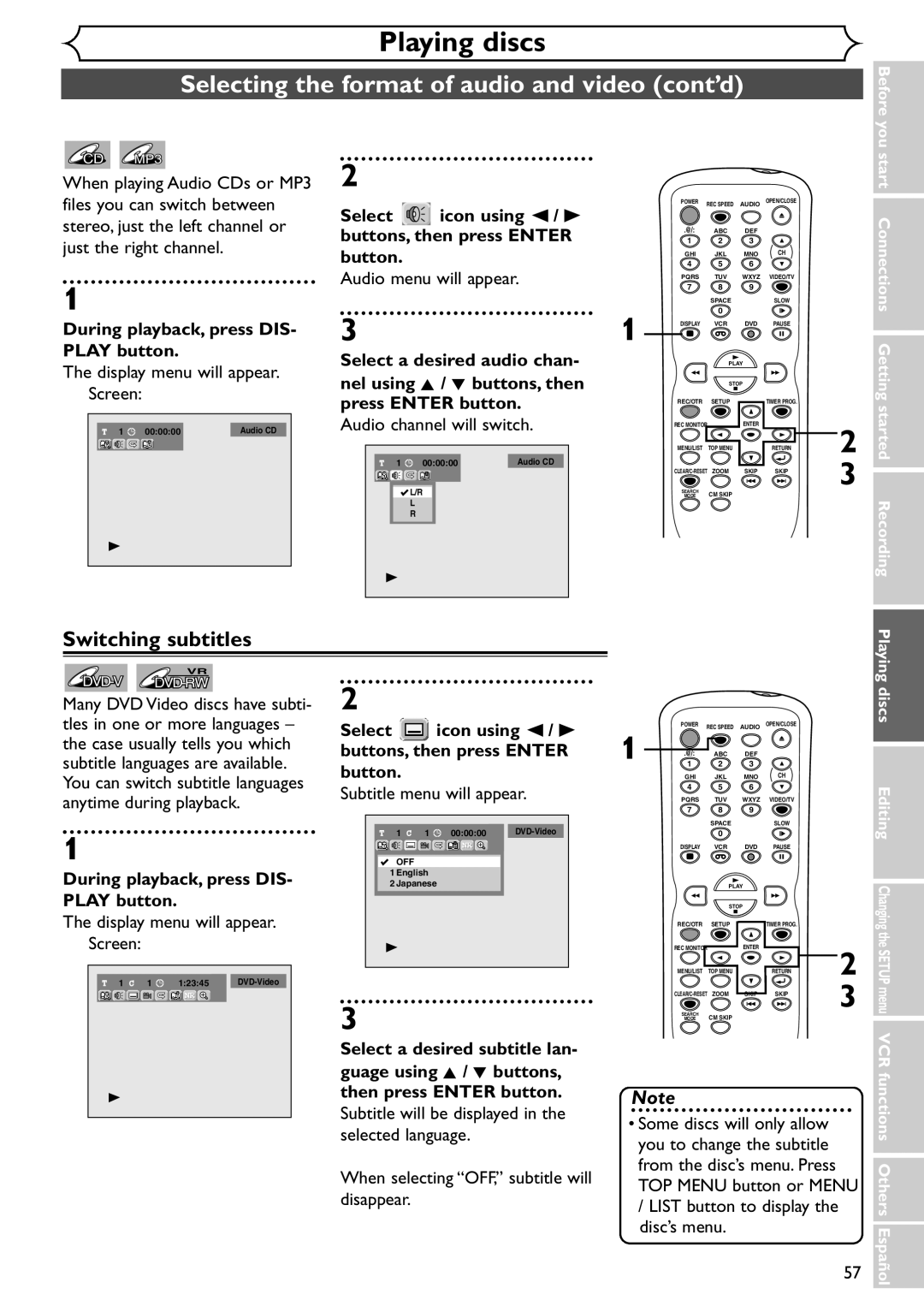 Emerson EWR20V4 owner manual Selecting the format of audio and video cont’d, Switching subtitles 