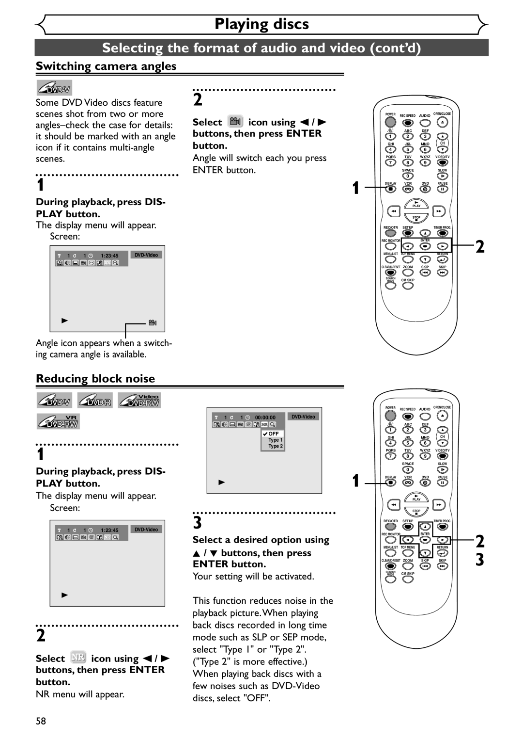 Emerson EWR20V4 owner manual Switching camera angles, Reducing block noise, Display menu will appear, Select Icon using / B 