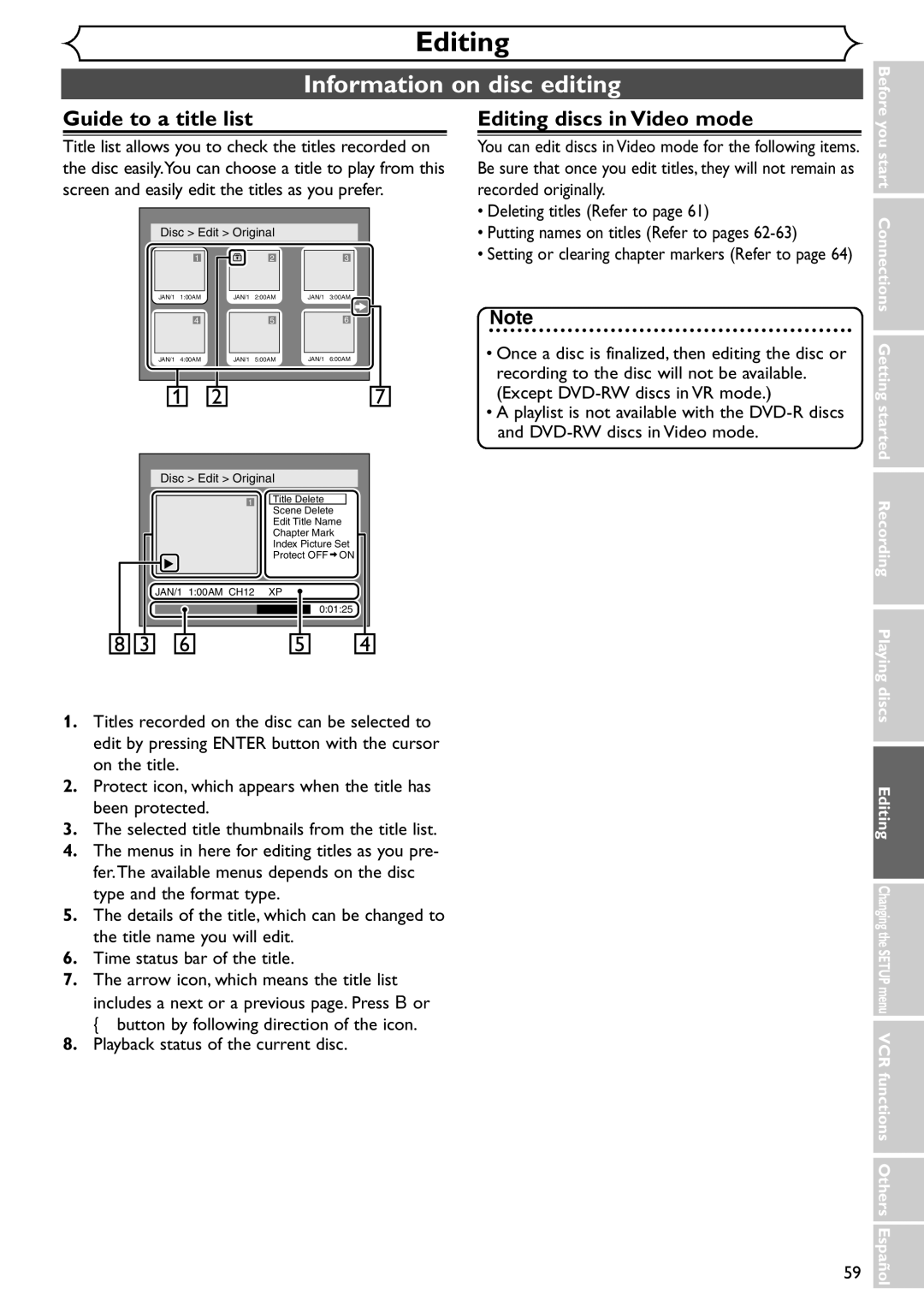 Emerson EWR20V4 owner manual Information on disc editing, Guide to a title list, Editing discs in Video mode 