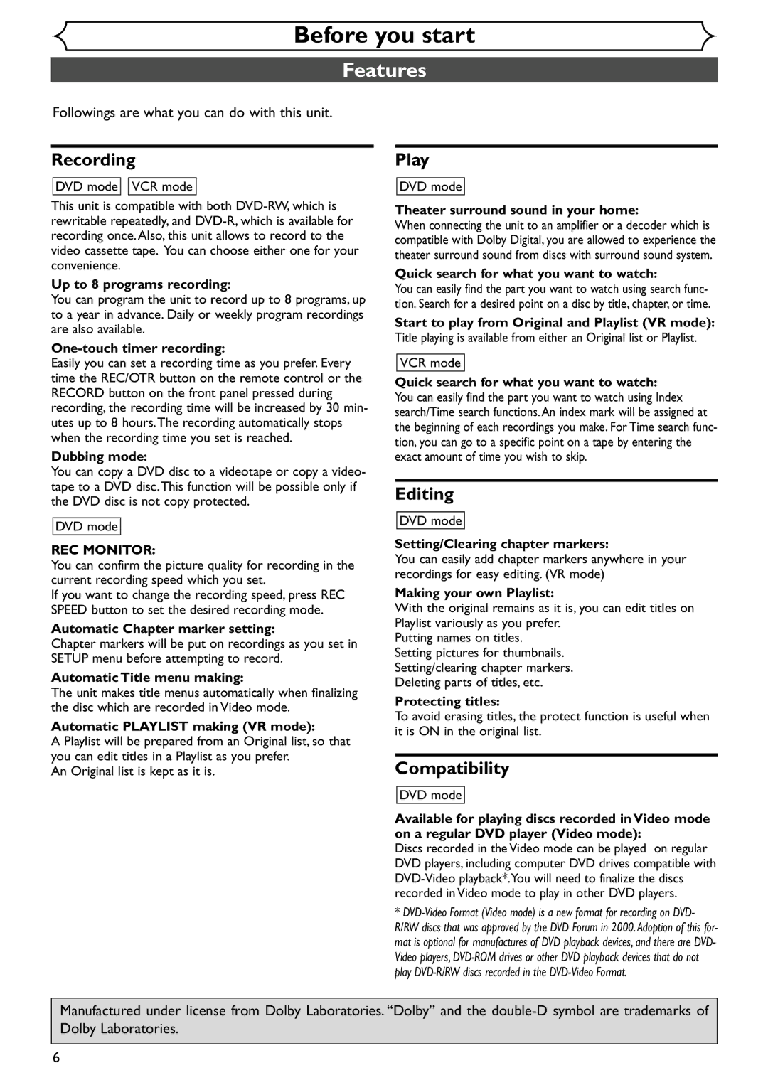 Emerson EWR20V4 owner manual Features, Recording, Play, Editing, Compatibility 