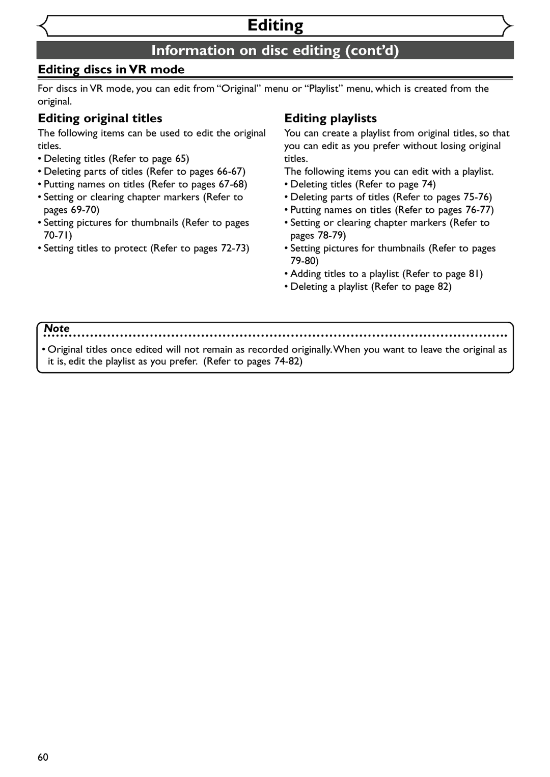 Emerson EWR20V4 Information on disc editing cont’d, Editing discs in VR mode, Editing original titles, Editing playlists 