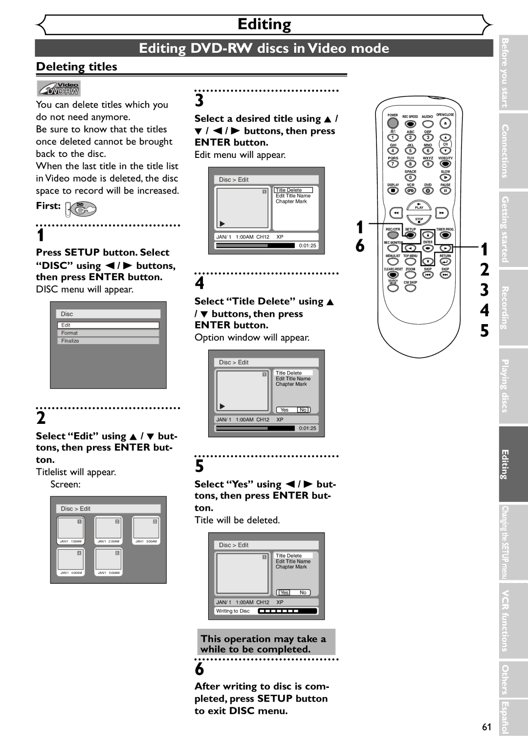 Emerson EWR20V4 Editing DVD-RW discs in Video mode, Deleting titles, Select a desired title using K, Edit menu will appear 