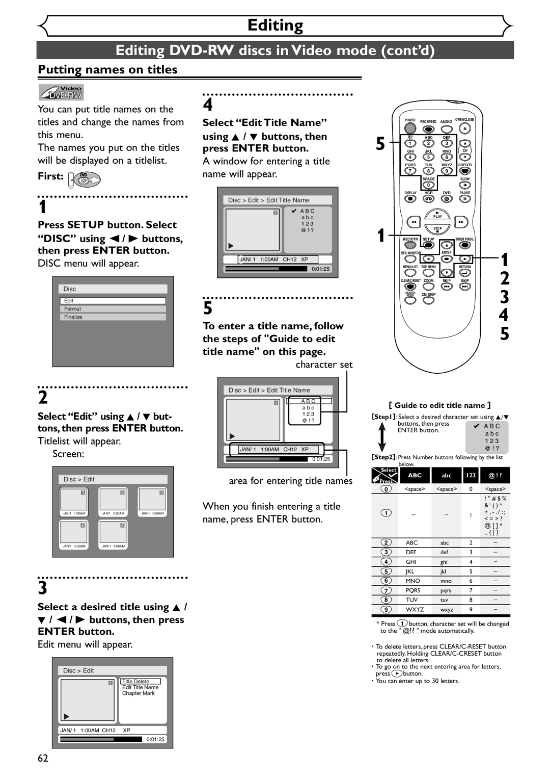 Emerson EWR20V4 owner manual Editing DVD-RW discs in Video mode cont’d, Putting names on titles 