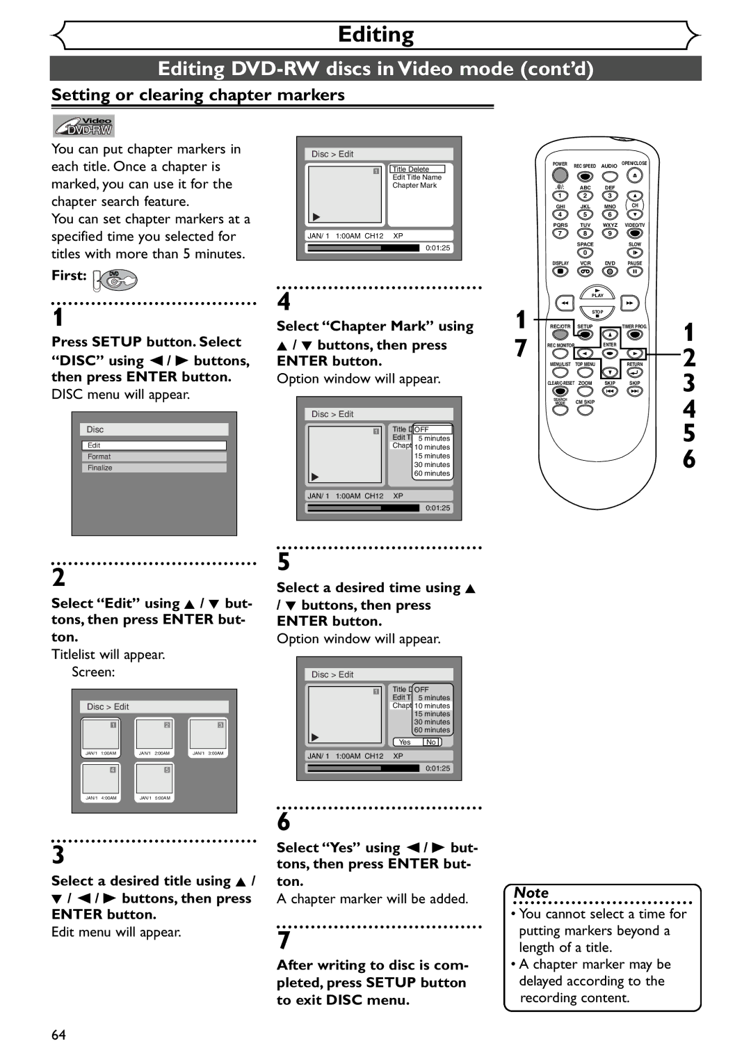 Emerson EWR20V4 Setting or clearing chapter markers, Select Chapter Mark using, Buttons, then press Enter button 