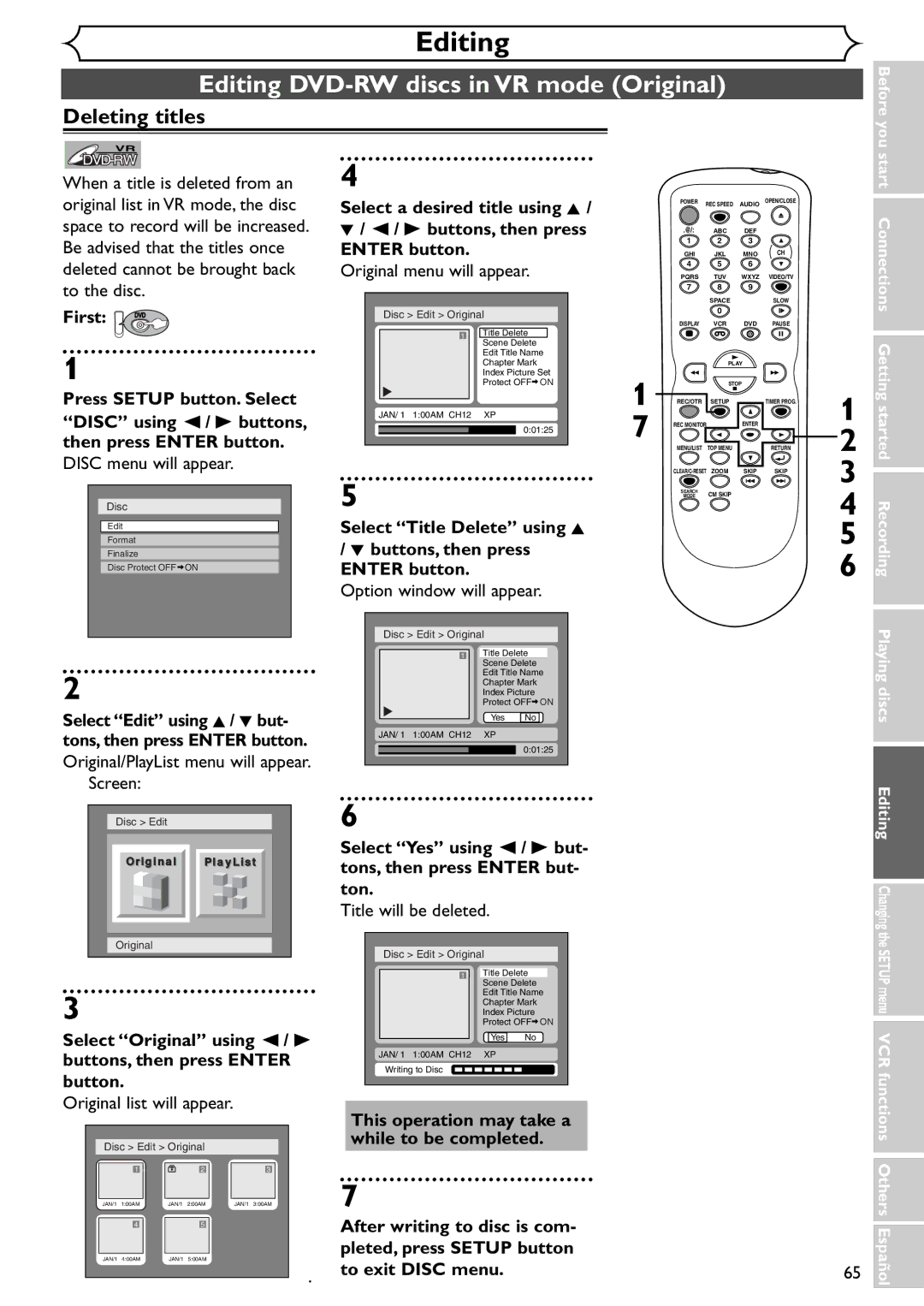 Emerson EWR20V4 owner manual Editing DVD-RW discs in VR mode Original, Original menu will appear, Original list will appear 