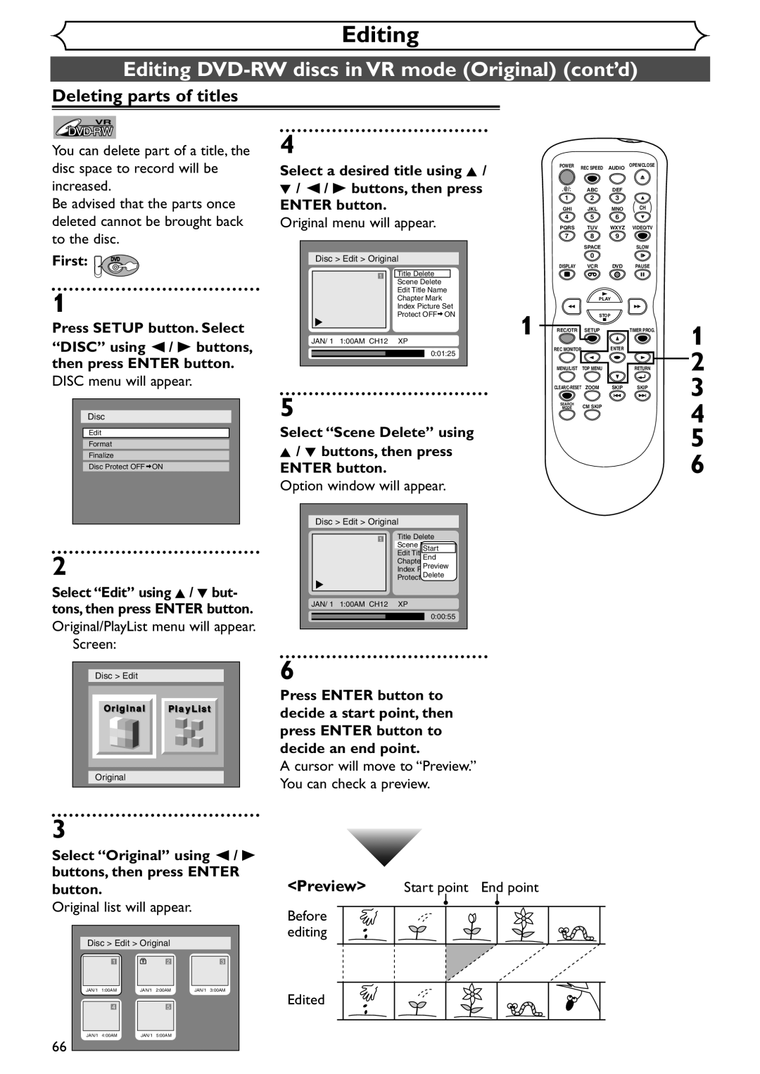 Emerson EWR20V4 owner manual Editing DVD-RW discs in VR mode Original cont’d, Deleting parts of titles 