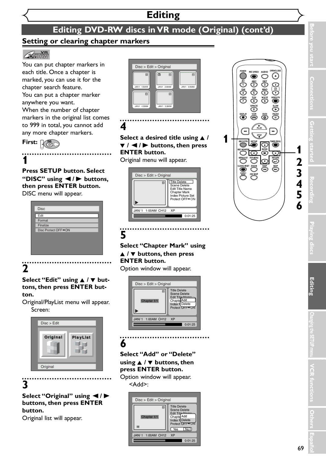 Emerson EWR20V4 Enter button Original menu will appear, Select Chapter Mark using Buttons, then press Enter button 