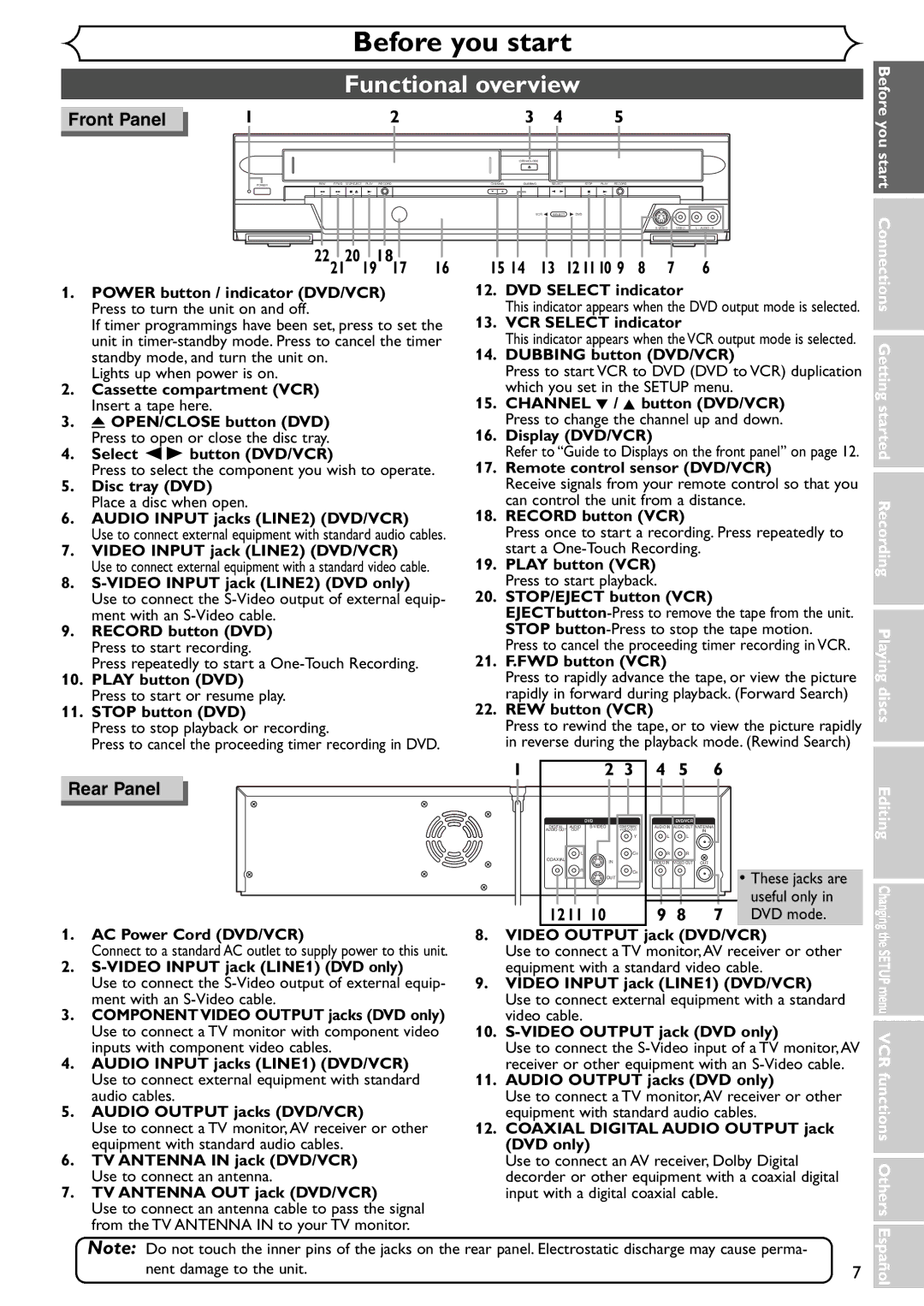 Emerson EWR20V4 Functional overview, 222120191817, 1211, Start, Connections Getting started Recording Playing discs 