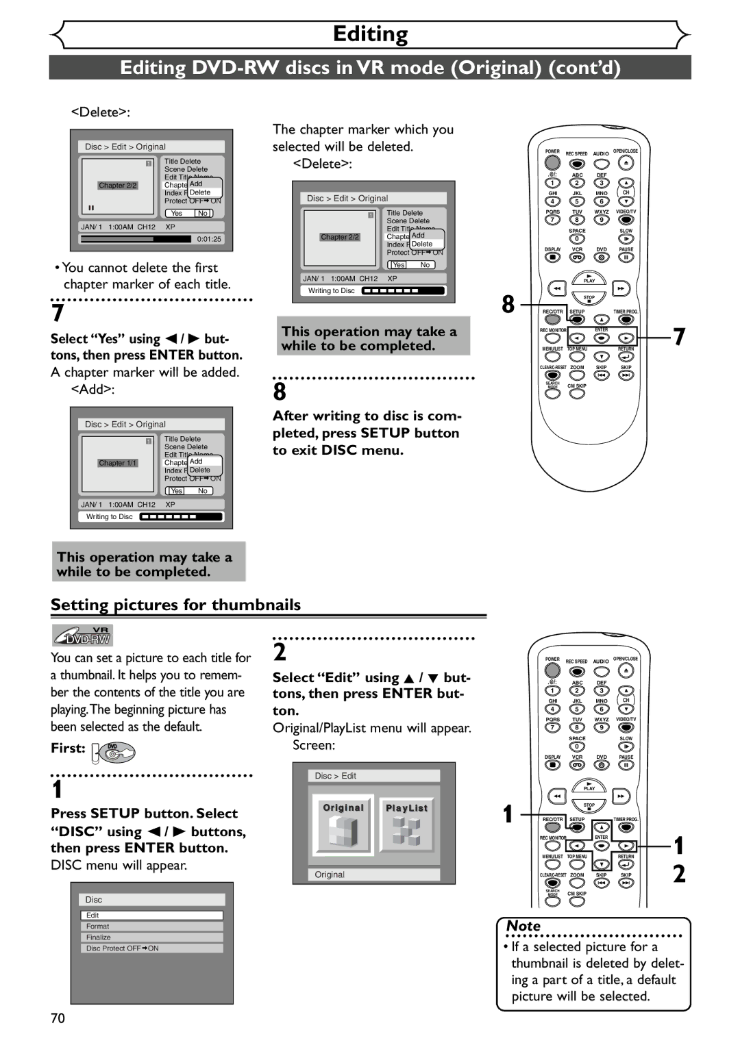 Emerson EWR20V4 owner manual Setting pictures for thumbnails, Selected will be deleted, Delete, While to be completed 