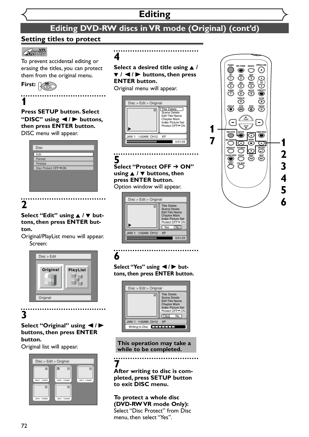 Emerson EWR20V4 owner manual Setting titles to protect, Select Original using / B buttons, then press Enter button 