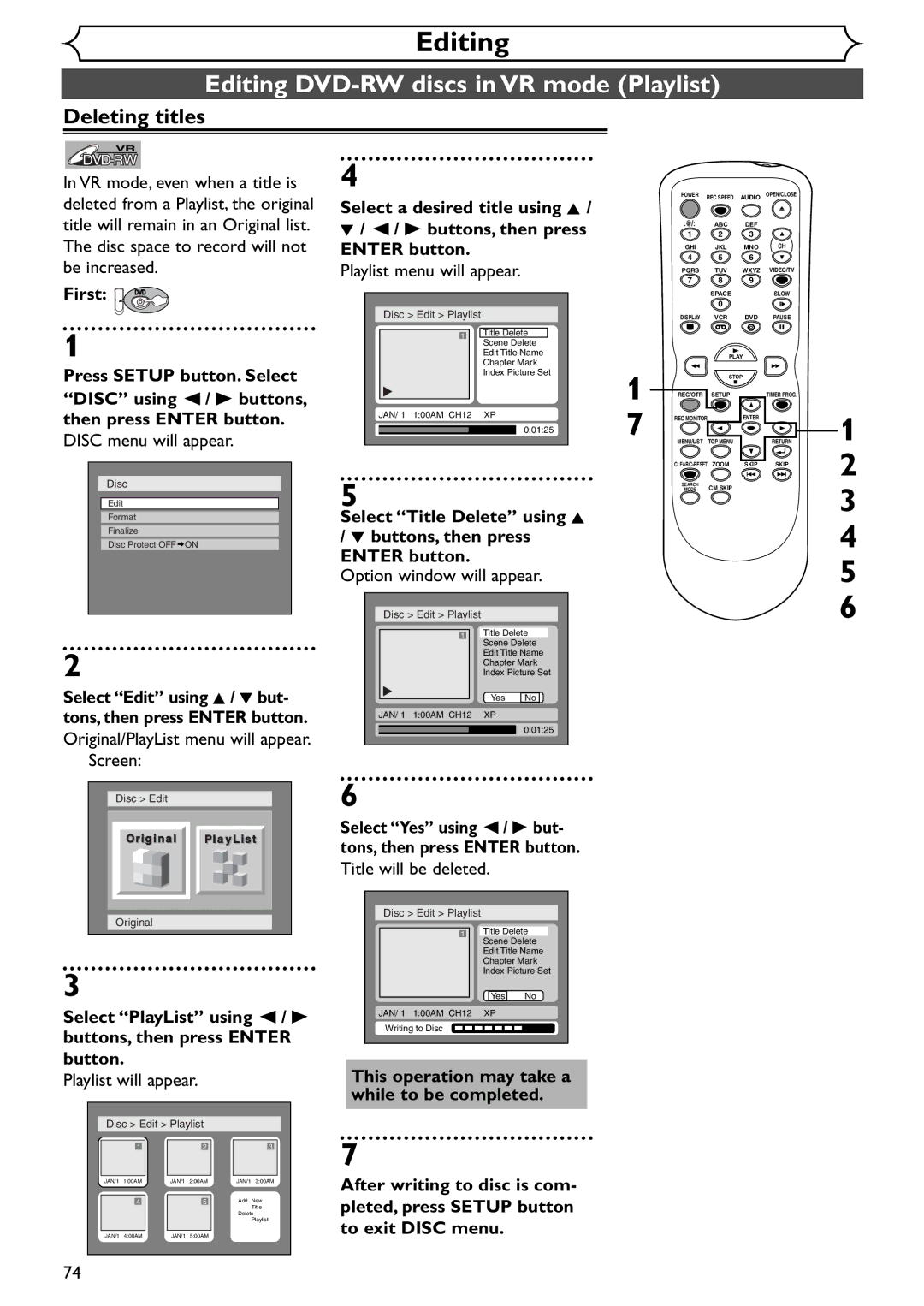 Emerson EWR20V4 owner manual Editing DVD-RW discs in VR mode Playlist, Playlist menu will appear, Playlist will appear 