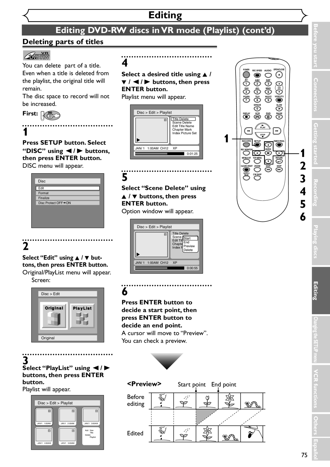 Emerson EWR20V4 owner manual Editing DVD-RW discs in VR mode Playlist cont’d, Cursor will move to Preview 