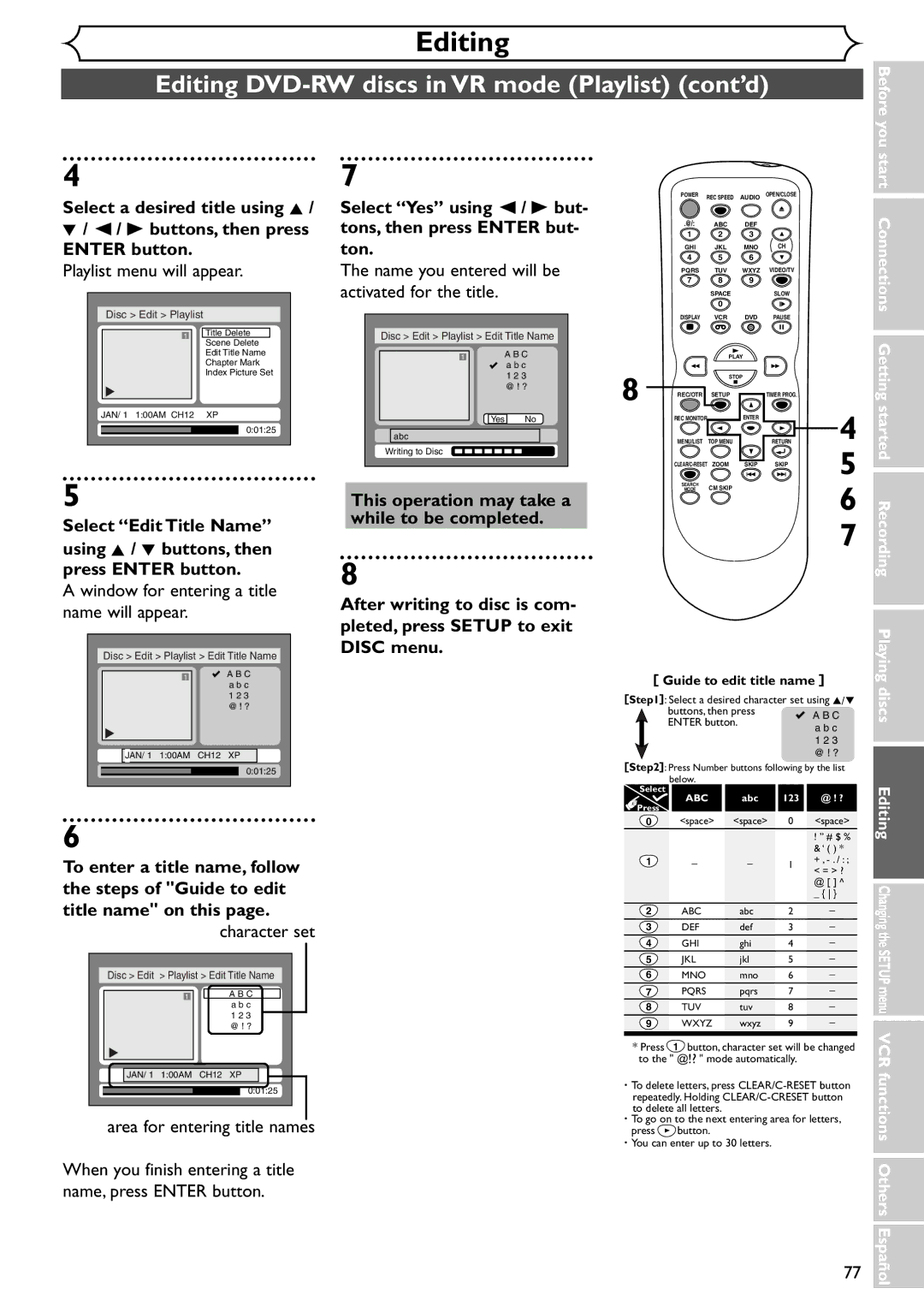 Emerson EWR20V4 owner manual Select Edit Title Name using K / L buttons, then, Start Connections, Getting started Recording 