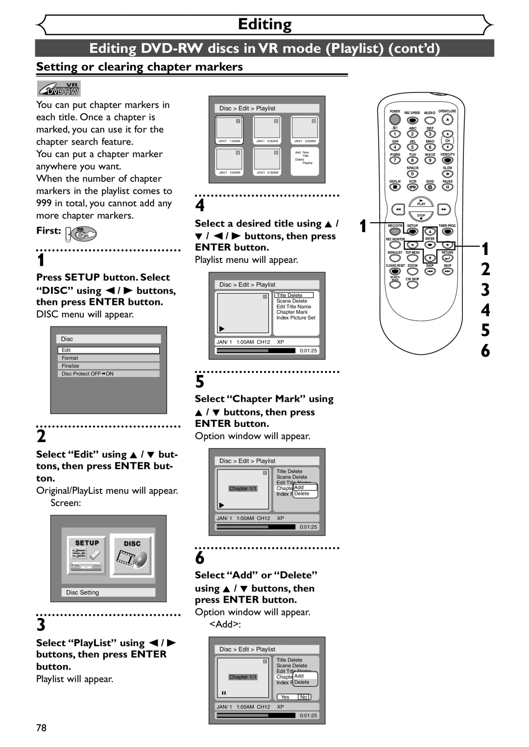 Emerson EWR20V4 owner manual Setting or clearing chapter markers, Disc Setting 