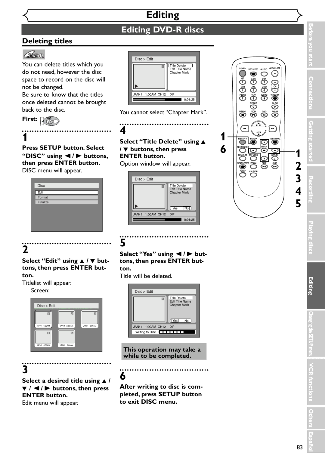 Emerson EWR20V4 owner manual Editing DVD-R discs, You cannot select Chapter Mark, Select Title Delete using K 