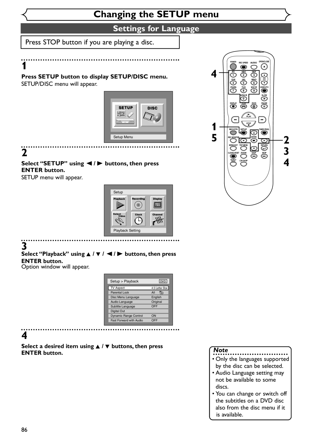 Emerson EWR20V4 owner manual Settings for Language, Press Setup button to display SETUP/DISC menu 