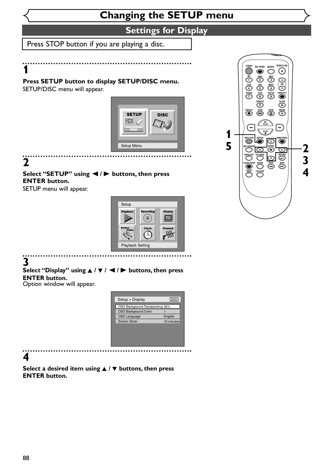 Emerson EWR20V4 owner manual Settings for Display, Setup Display 