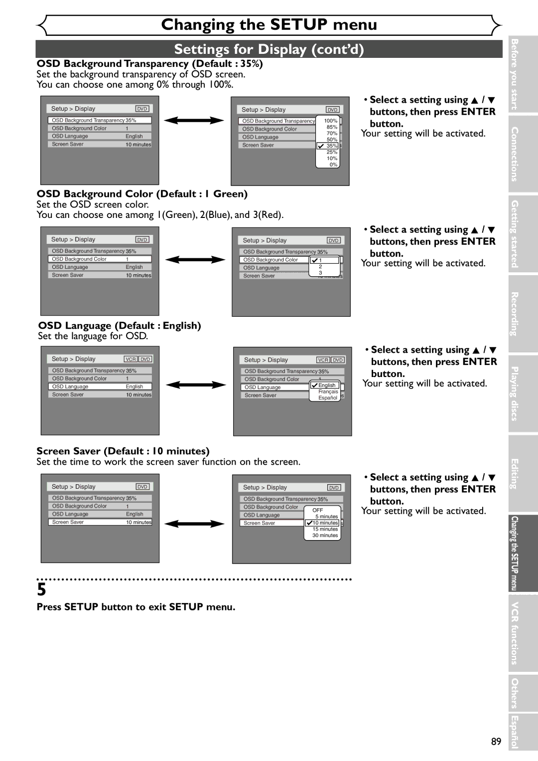 Emerson EWR20V4 Settings for Display cont’d, OSD Background Transparency Default 35%, OSD Background Color Default 1 Green 