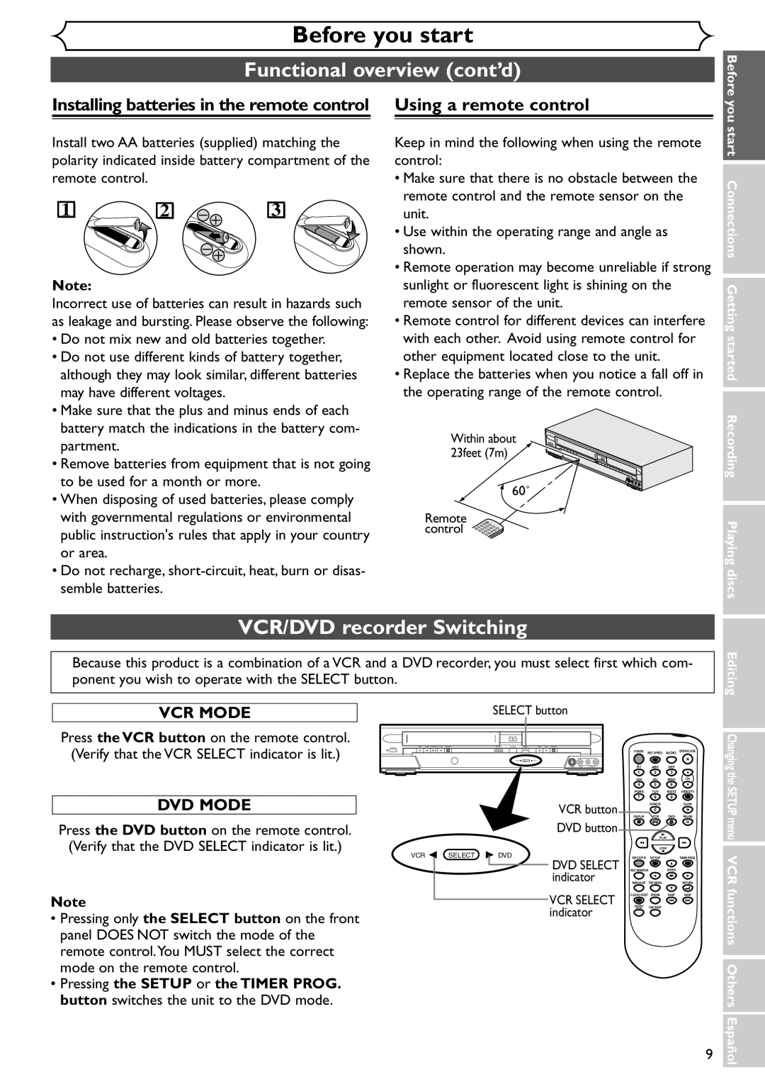 Emerson EWR20V4 owner manual VCR/DVD recorder Switching, Start Connections Getting started Recording Playing discs, Editing 