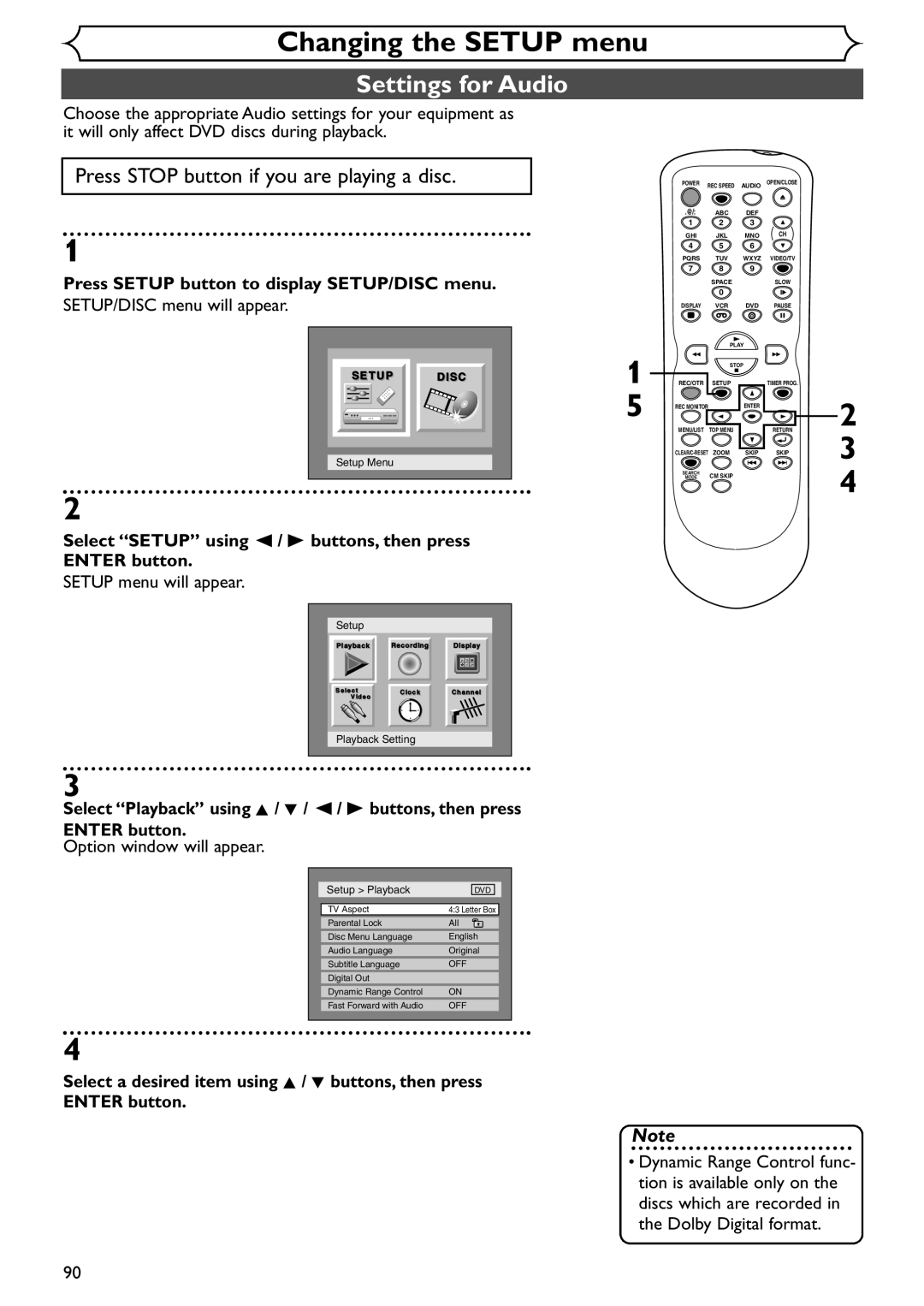 Emerson EWR20V4 owner manual Settings for Audio, Setup Menu 