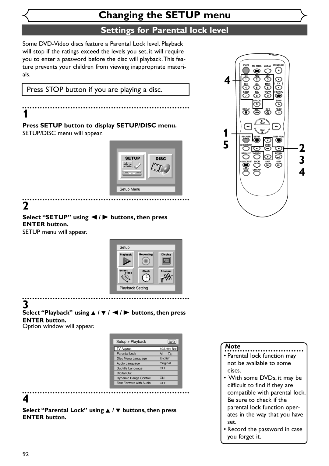 Emerson EWR20V4 owner manual Settings for Parental lock level 