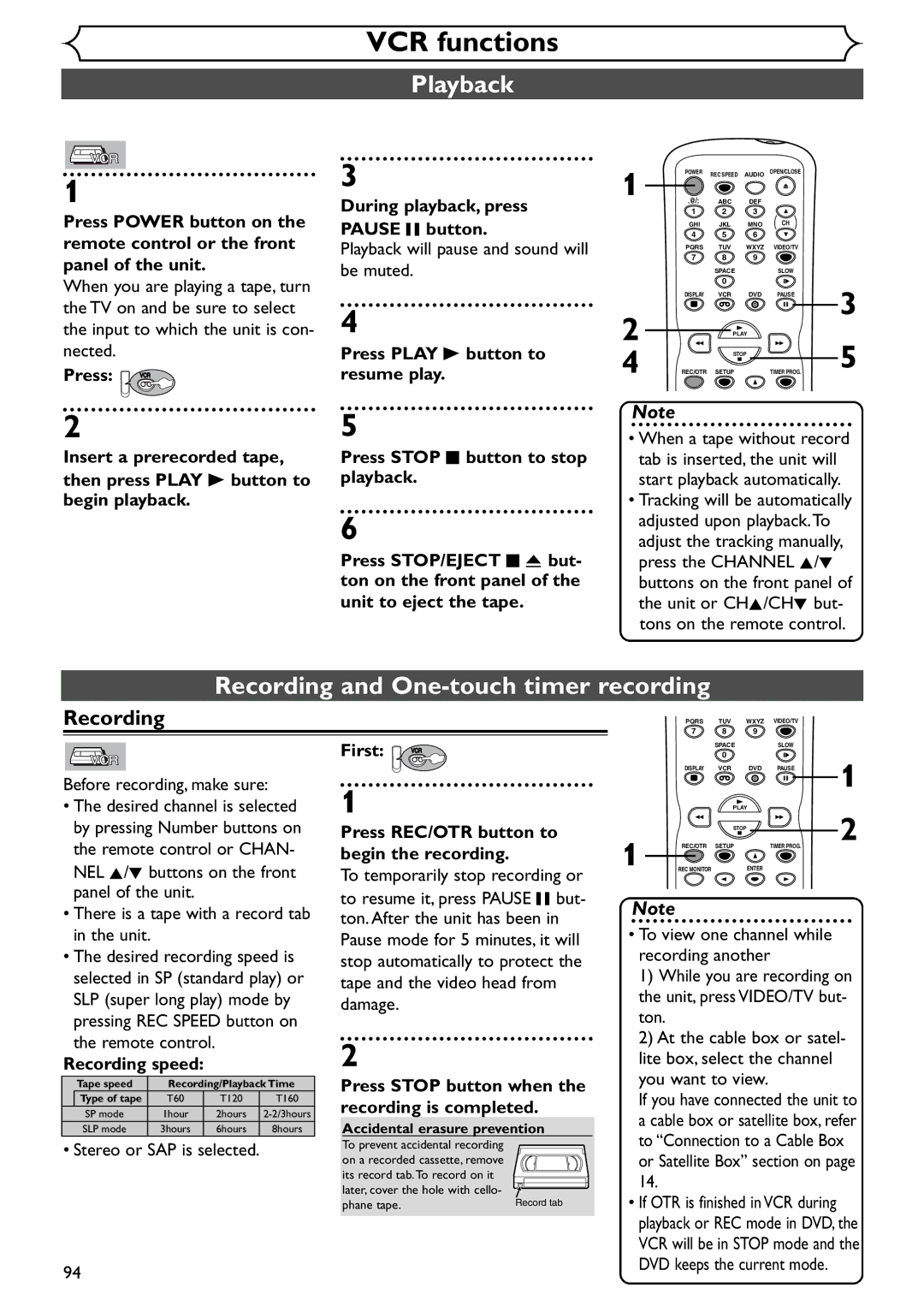 Emerson EWR20V4 owner manual VCR functions, Playback, Recording and One-touch timer recording 