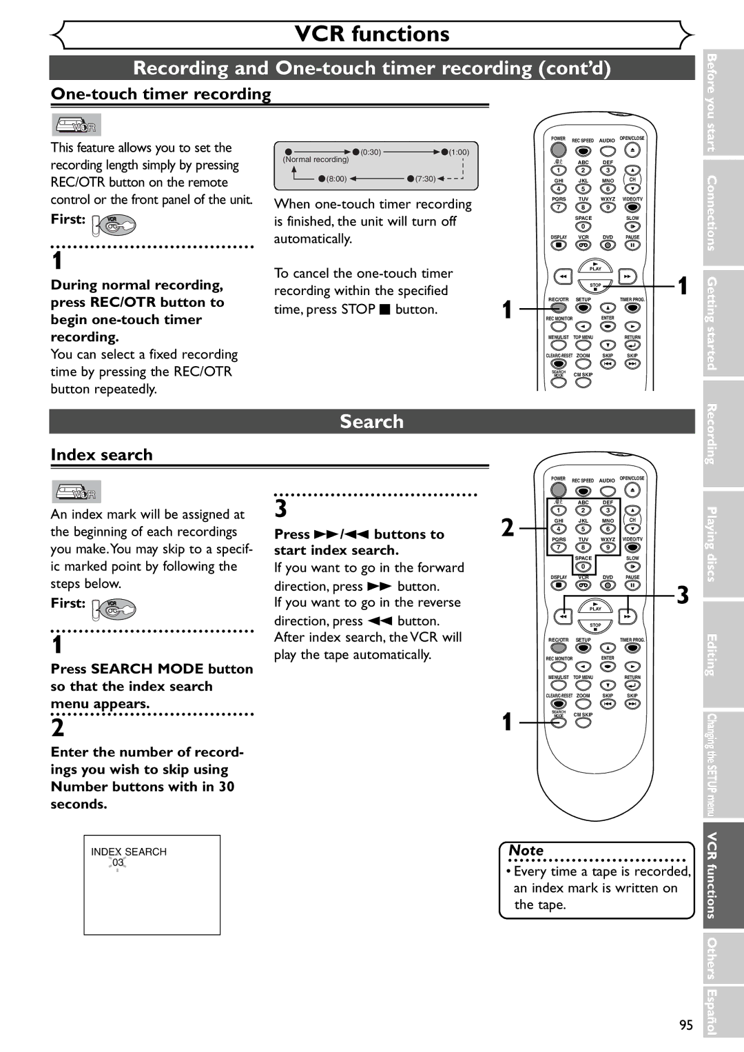 Emerson EWR20V4 owner manual One-touch timer recording, Index search, Tape 
