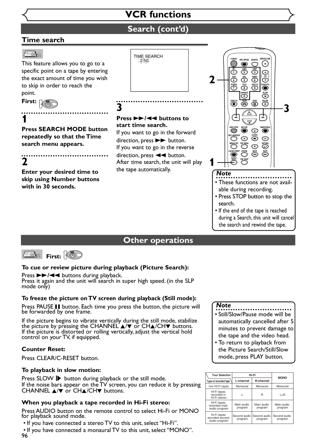 Emerson EWR20V4 Other operations, Press g/h buttons to start time search, Counter Reset, To playback in slow motion 