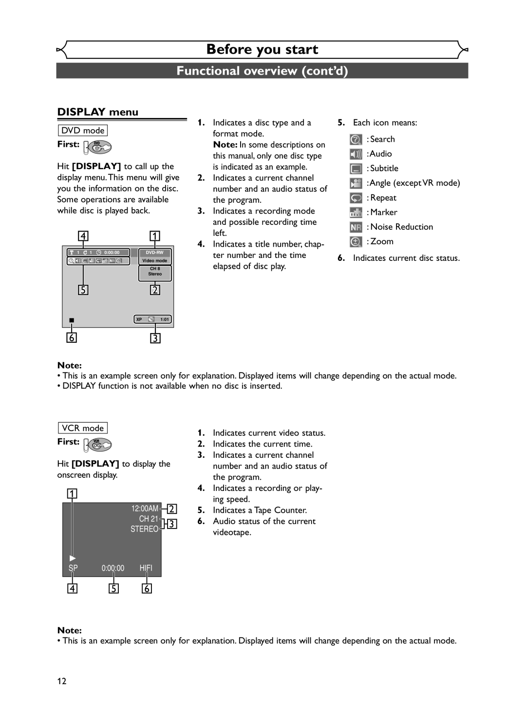 Emerson EWR20V5 owner manual Display menu, First DVD, First VCR, Hit Display to display the onscreen display 