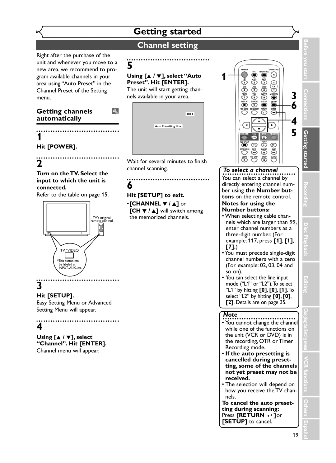 Emerson EWR20V5 owner manual Channel setting, Getting channels automatically 