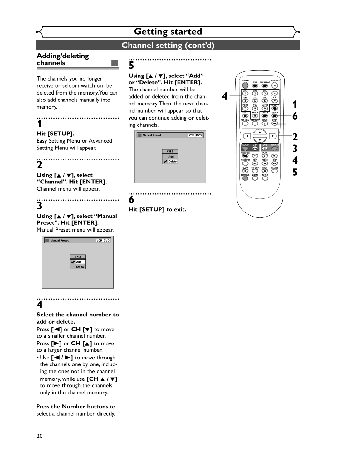 Emerson EWR20V5 owner manual Channel setting cont’d, Adding/deleting channels 