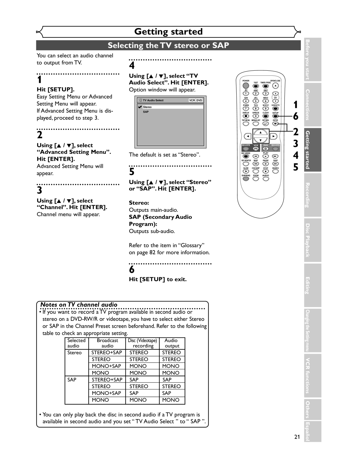 Emerson EWR20V5 owner manual Selecting the TV stereo or SAP, Using K / L, select Advanced Setting Menu. Hit Enter 