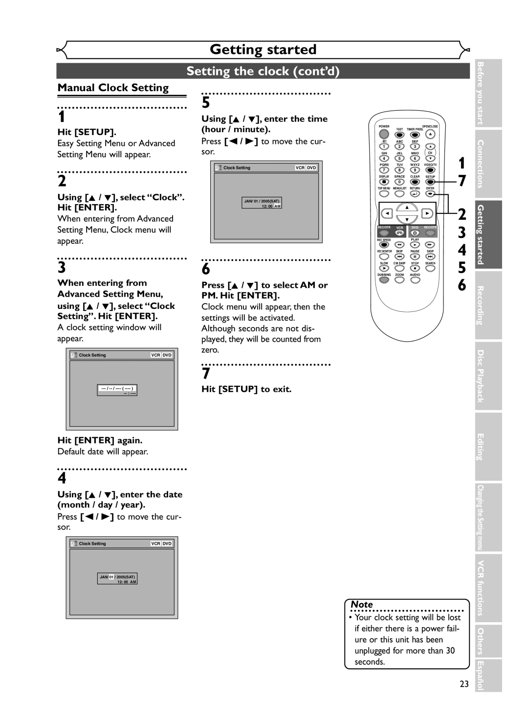 Emerson EWR20V5 owner manual Setting the clock cont’d, Manual Clock Setting 