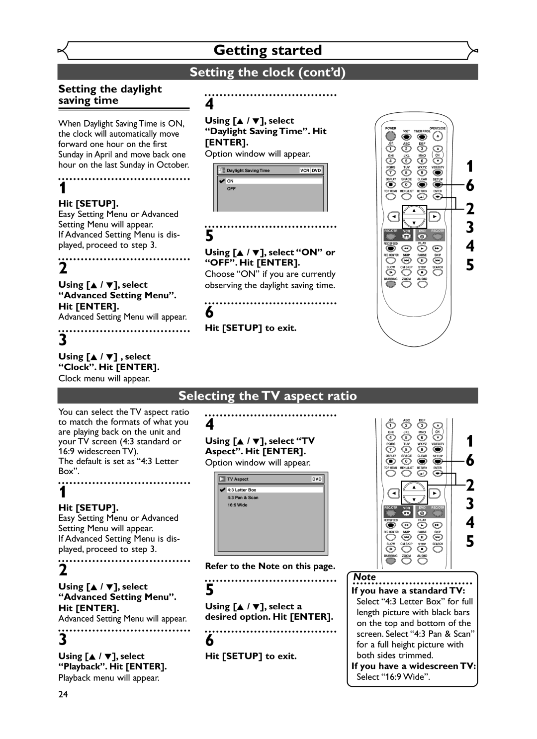 Emerson EWR20V5 owner manual Selecting the TV aspect ratio, Setting the daylight saving time 