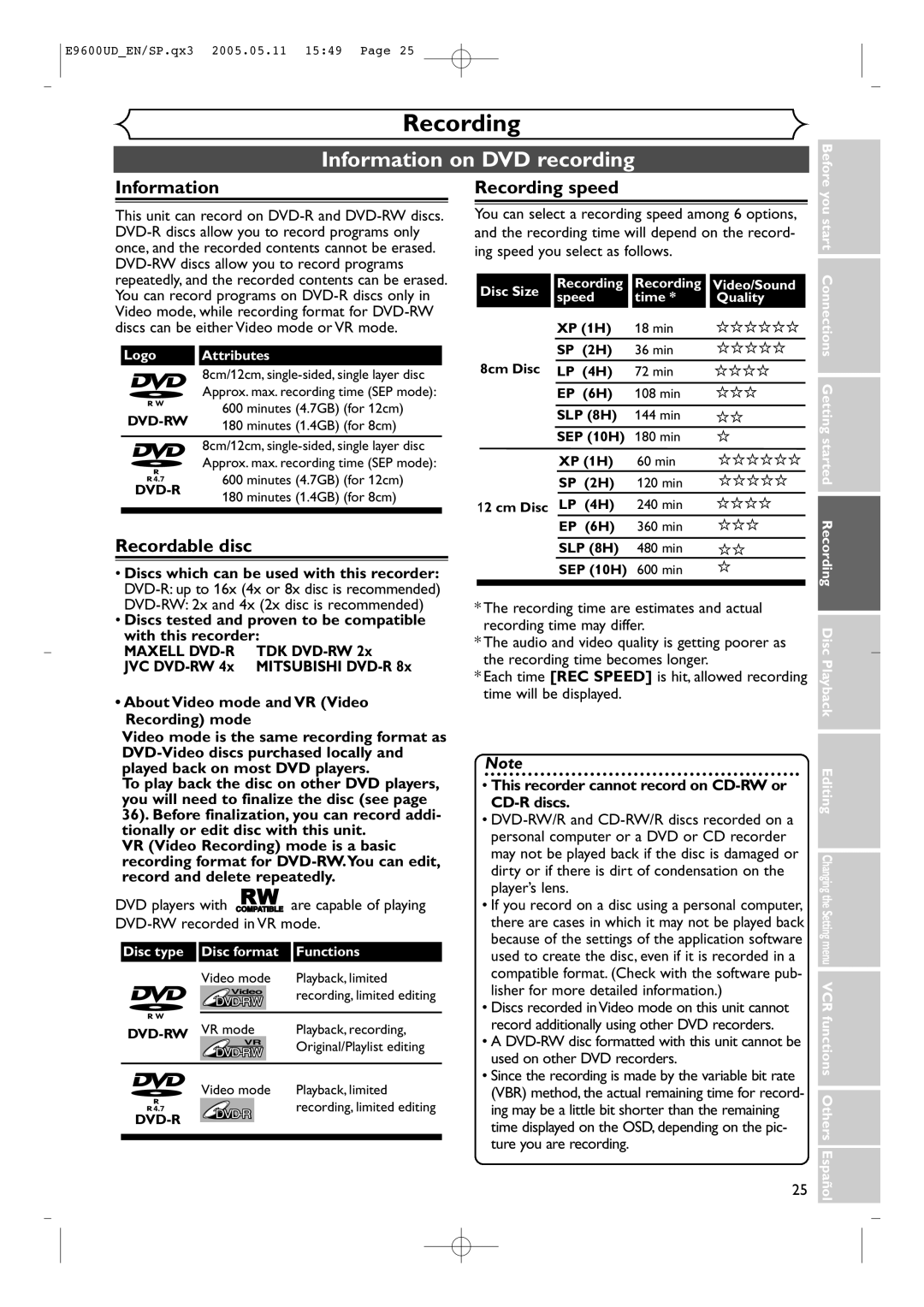 Emerson EWR20V5 owner manual Information on DVD recording, Recordable disc, Recording speed 