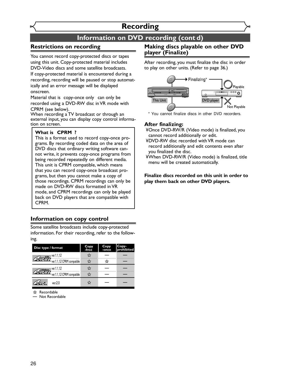 Emerson EWR20V5 Information on DVD recording cont’d, Restrictions on recording, Information on copy control, What is CPRM? 