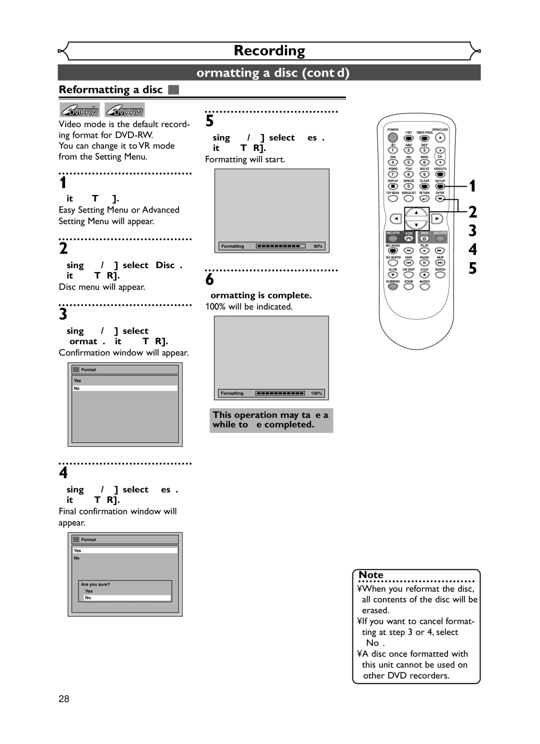 Emerson EWR20V5 owner manual Reformatting a disc 