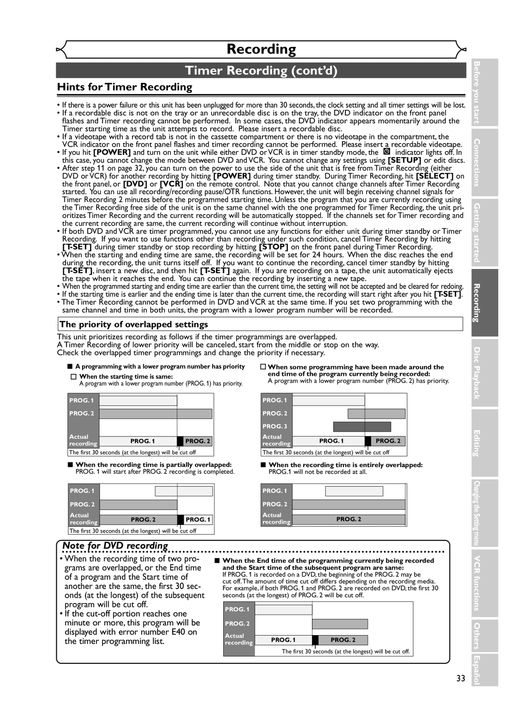 Emerson EWR20V5 owner manual Hints for Timer Recording, Priority of overlapped settings 