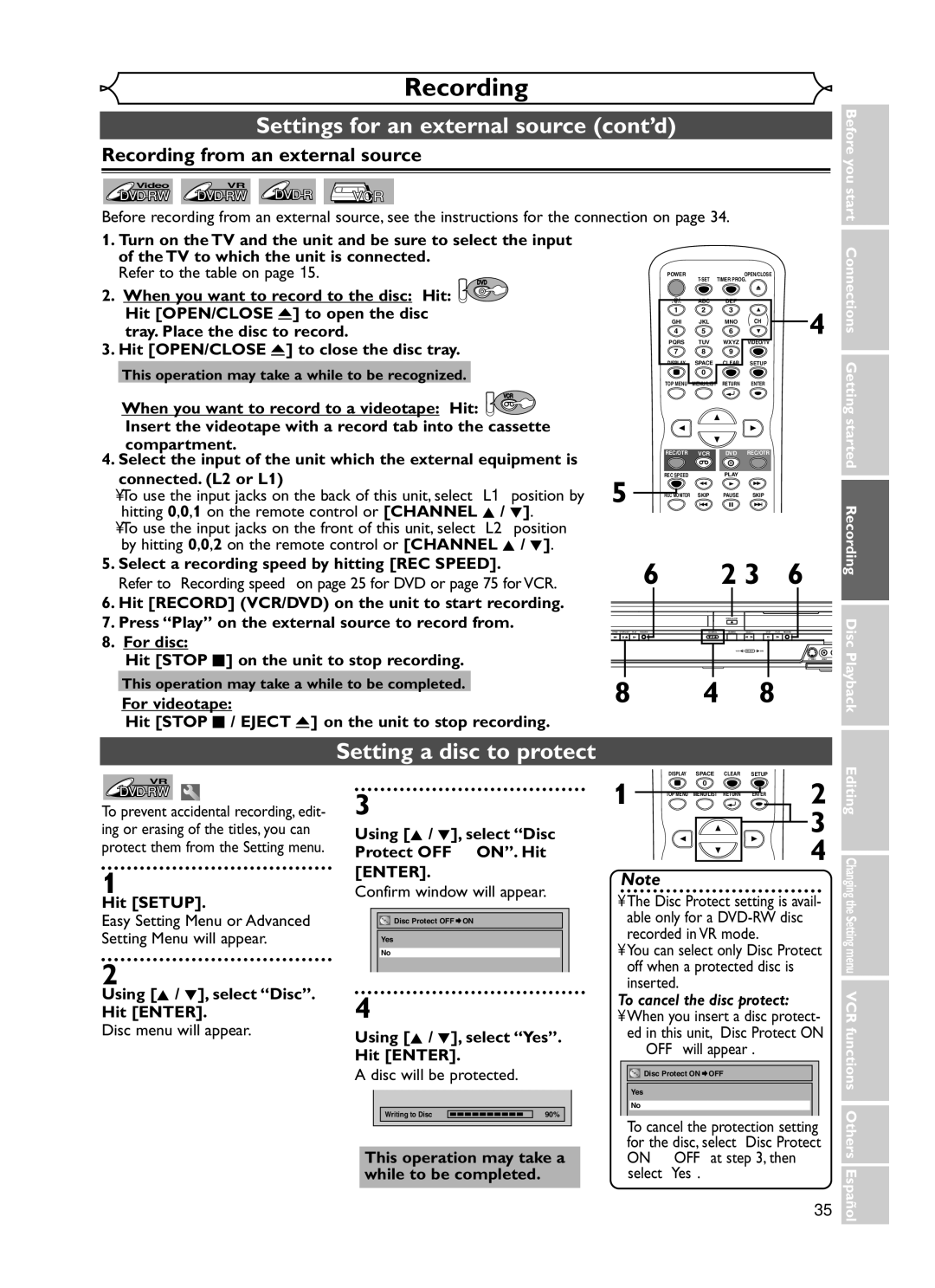 Emerson EWR20V5 Settings for an external source cont’d, Setting a disc to protect, Recording from an external source 