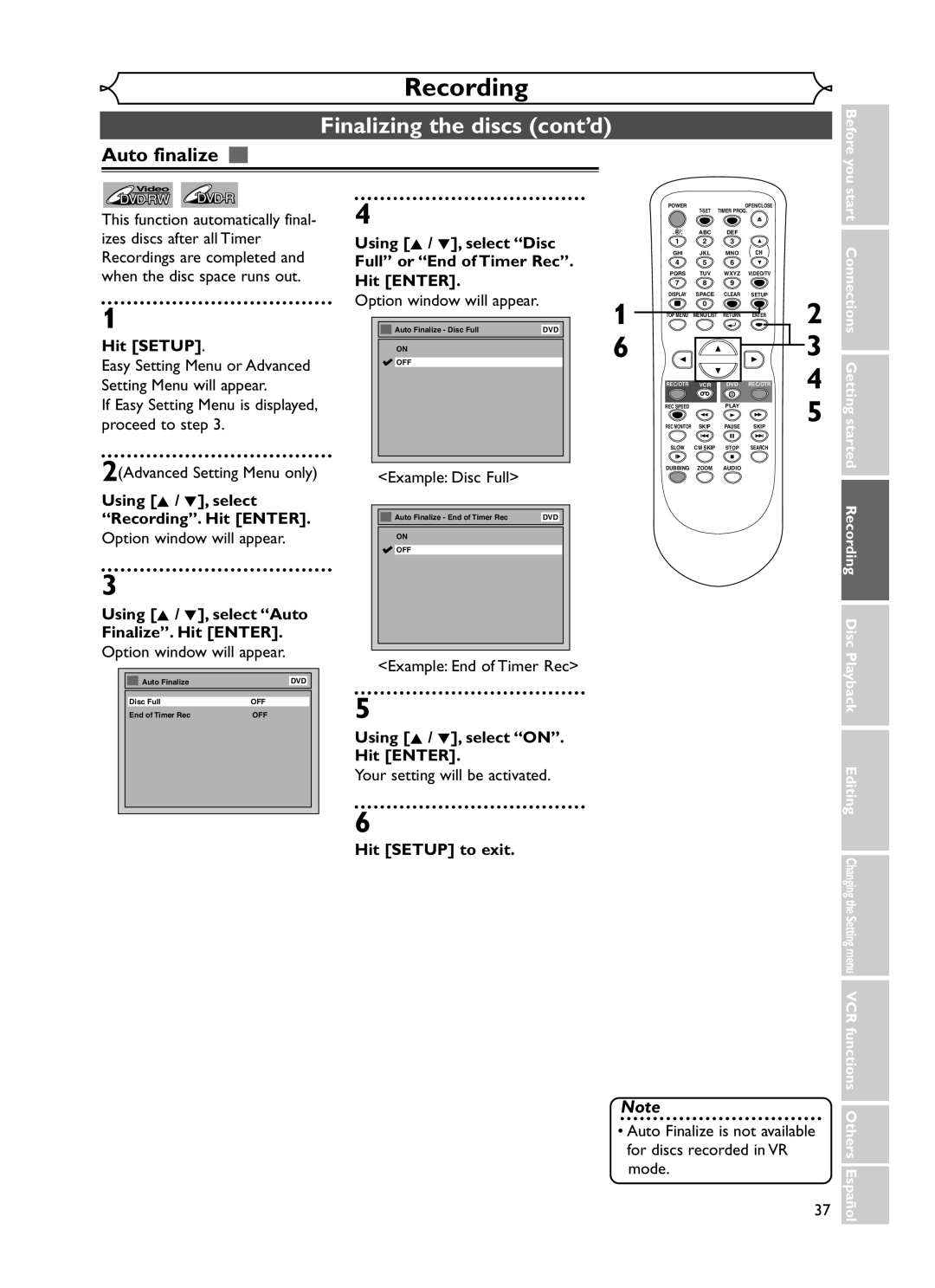 Emerson EWR20V5 owner manual Finalizing the discs cont’d, Auto finalize, Using K / L, select Auto Finalize. Hit Enter 