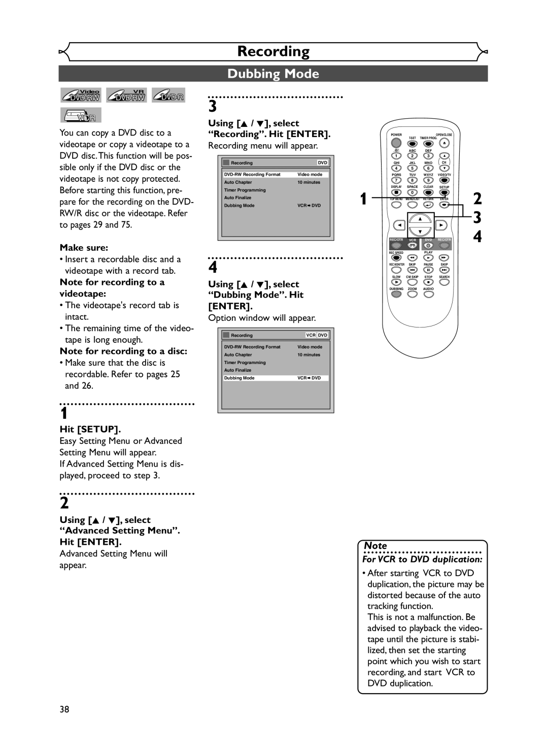 Emerson EWR20V5 owner manual Make sure, Using K / L, select Dubbing Mode. Hit Enter 