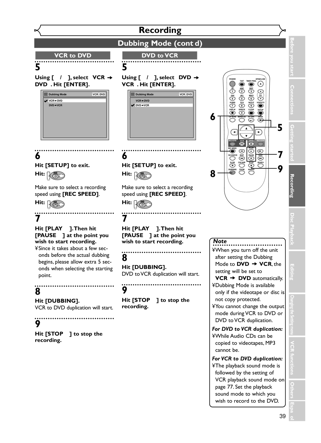 Emerson EWR20V5 owner manual Dubbing Mode cont’d, Using K / L, select VCR DVD. Hit Enter, Hit Setup to exit Hit DVD 