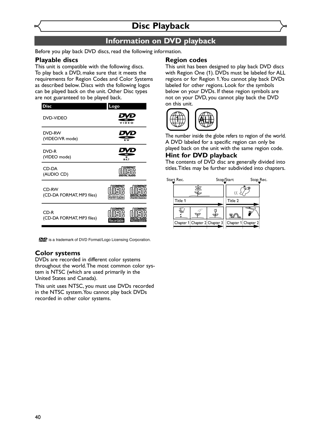 Emerson EWR20V5 owner manual Disc Playback, Information on DVD playback 