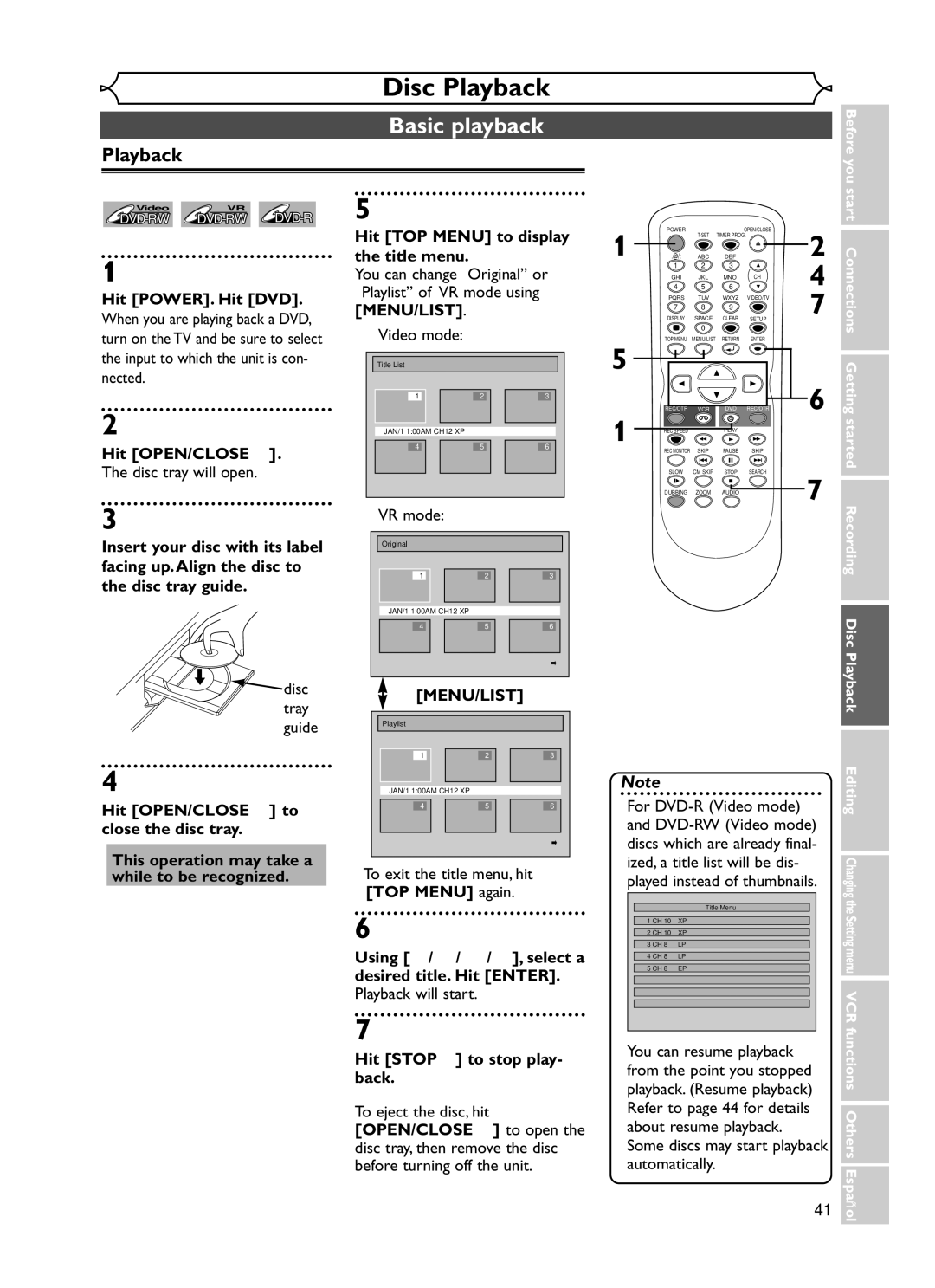 Emerson EWR20V5 owner manual Basic playback, Playback 