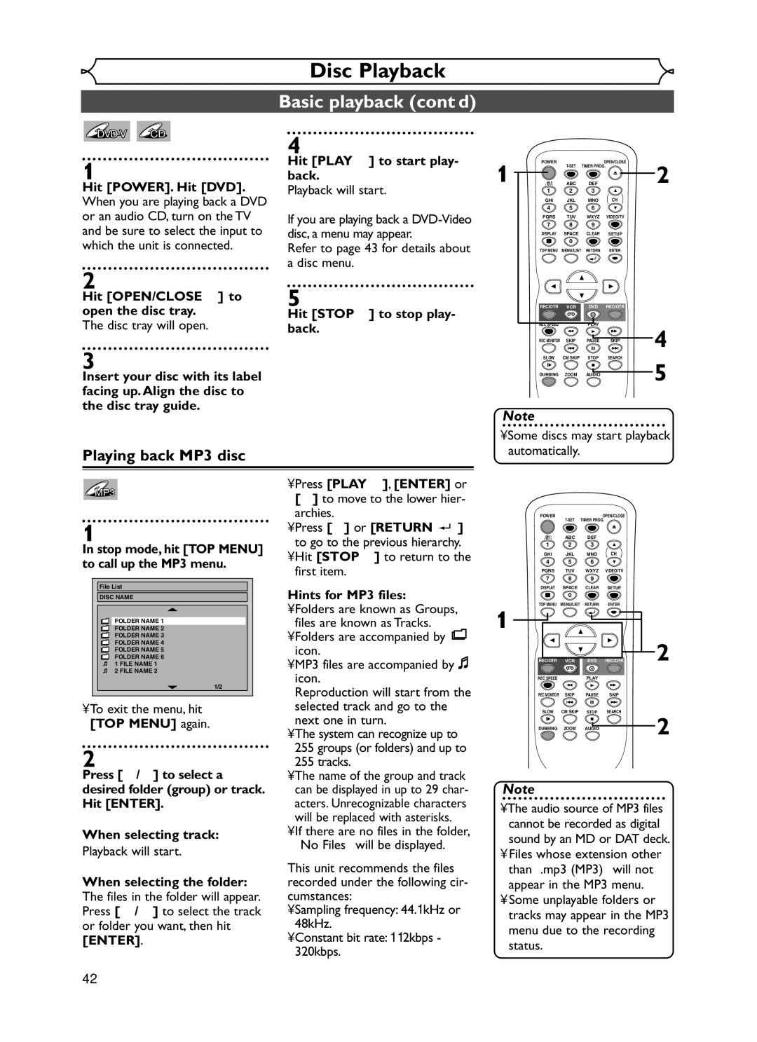 Emerson EWR20V5 Basic playback cont’d, Playing back MP3 disc, Hit Play B to start play- back, Hints for MP3 files 