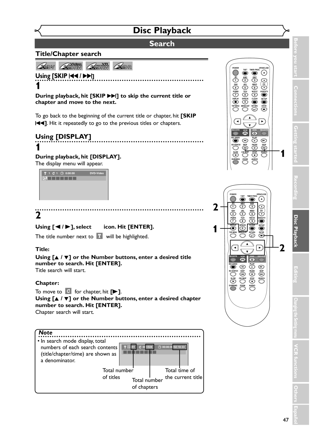 Emerson EWR20V5 owner manual Search, Title/Chapter search, Using Skip H/ G, Using Display 