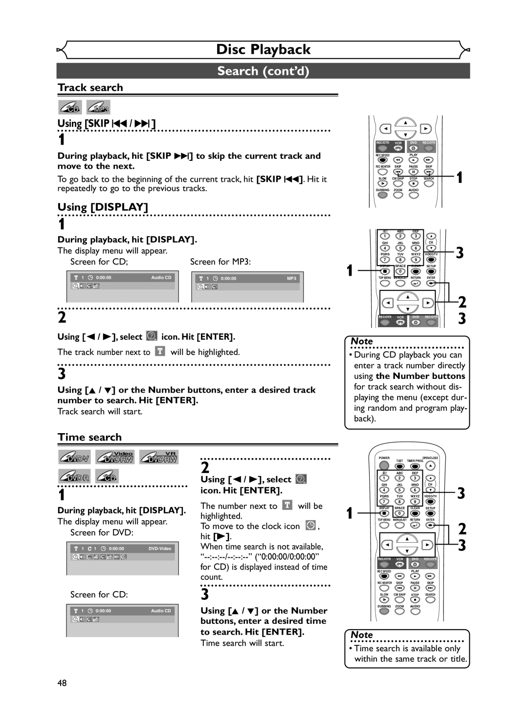 Emerson EWR20V5 owner manual Search cont’d, Track search, Time search 